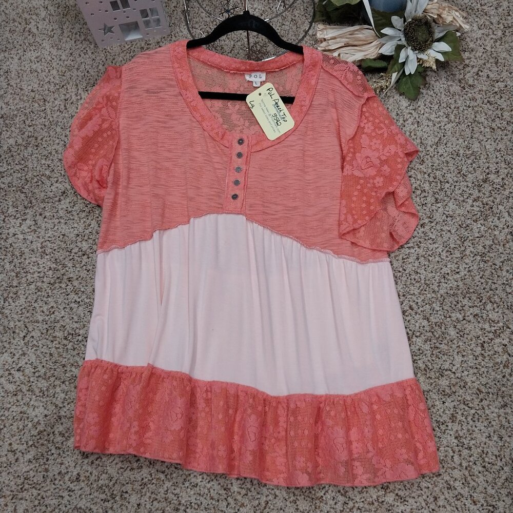 POL Coral and Light Pink Ruffle Blouse